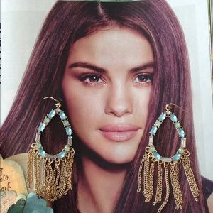 NEW Dangling Chains Earrings Turquoise Dazzling Jeweled Blue Crystals Goldtone